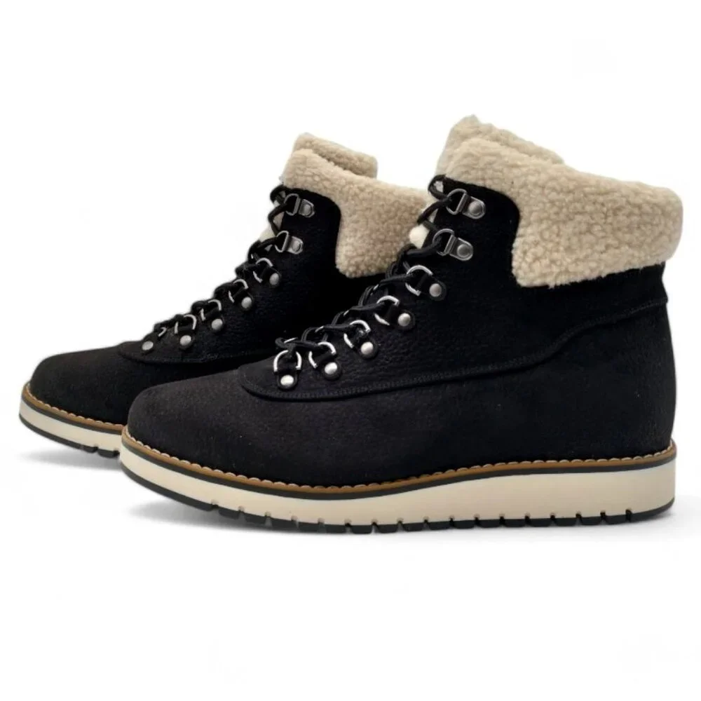 White Mountain Cozy Women’s 11 W Black Faux Shearling Wedge Heel Booties